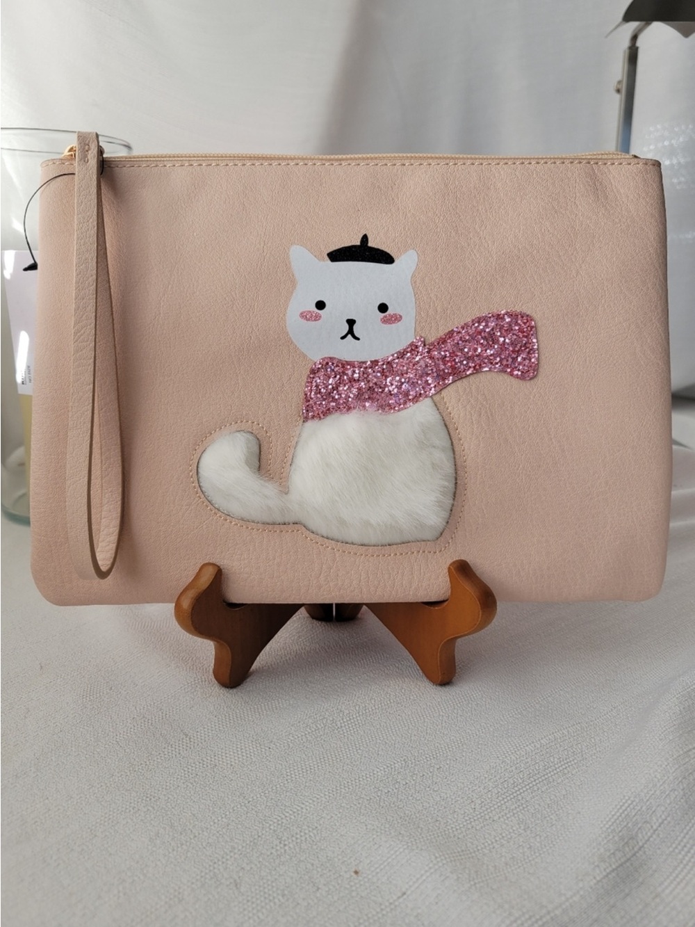 LC Lauren Conrad White Furry Cat Wristlet with Glitter Scarf